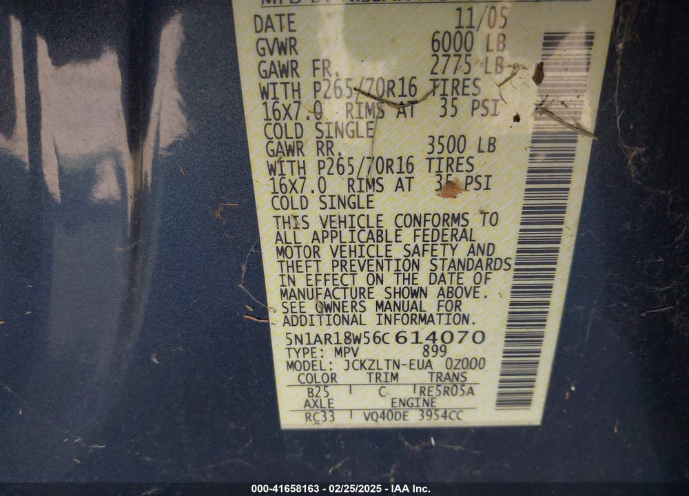 2006 NISSAN PATHFINDER SE VIN: 5N1AR18W56C614070