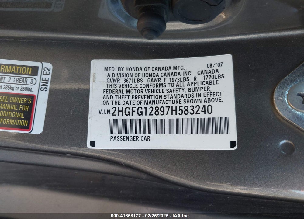 2007 HONDA CIVIC VIN: 2HGFG12897H583240