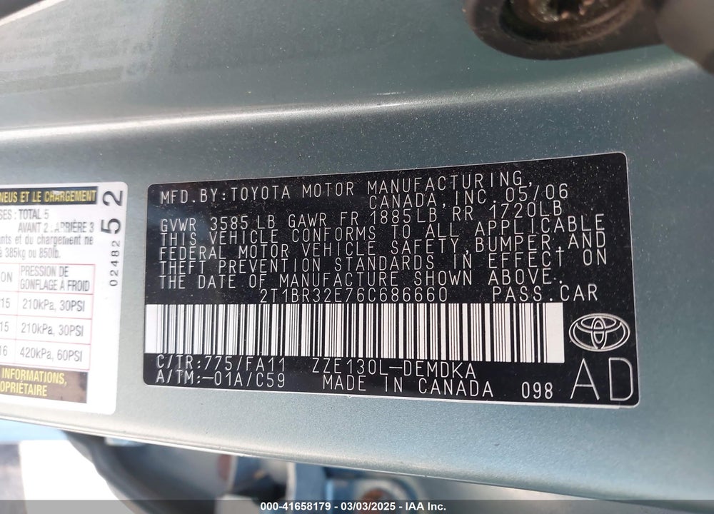 2006 TOYOTA COROLLA VIN: 2T1BR32E76C686660