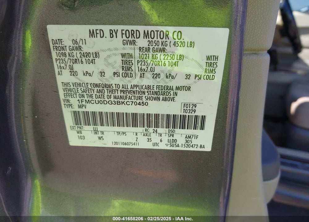 2011 FORD ESCAPE XLT VIN: 1FMCU0DG3BKC70450