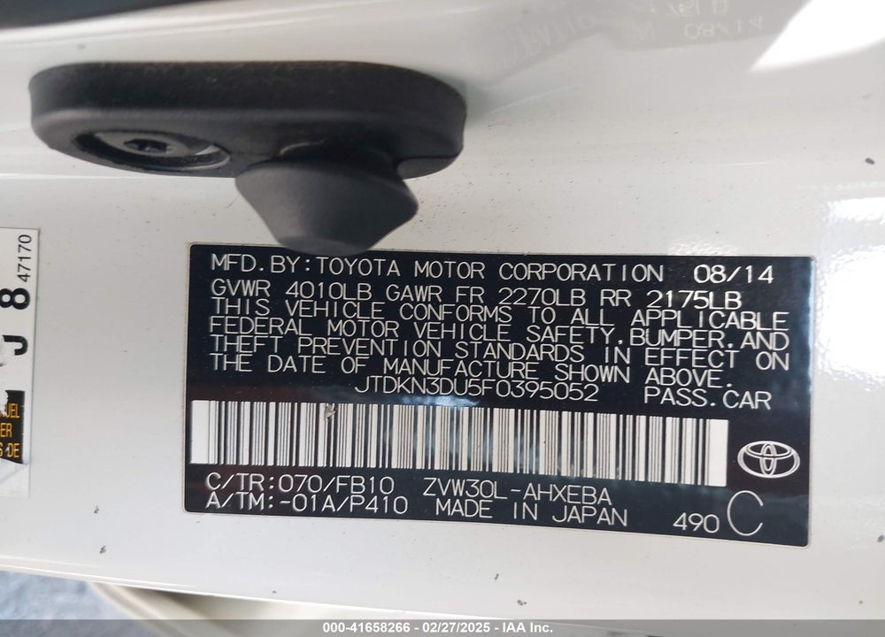 2015 TOYOTA PRIUS VIN: JTDKN3DU5F0395052