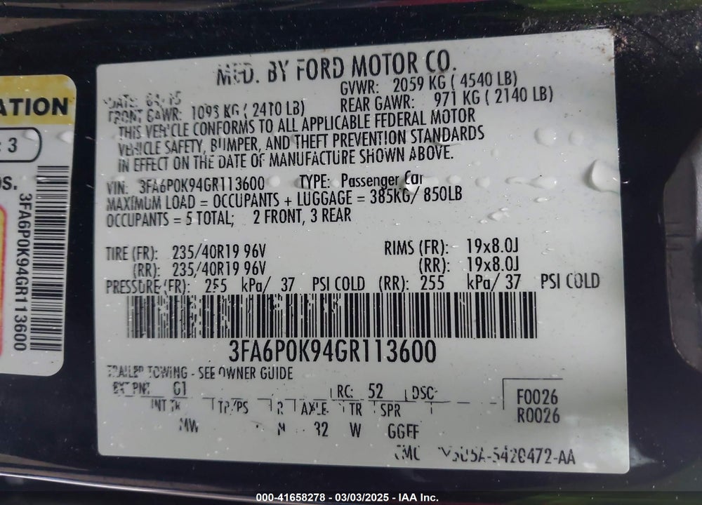 2016 FORD FUSION VIN: 3FA6P0K94GR113600