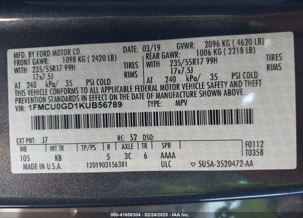 2019 FORD ESCAPE VIN: 1FMCU0GD1KUB56789