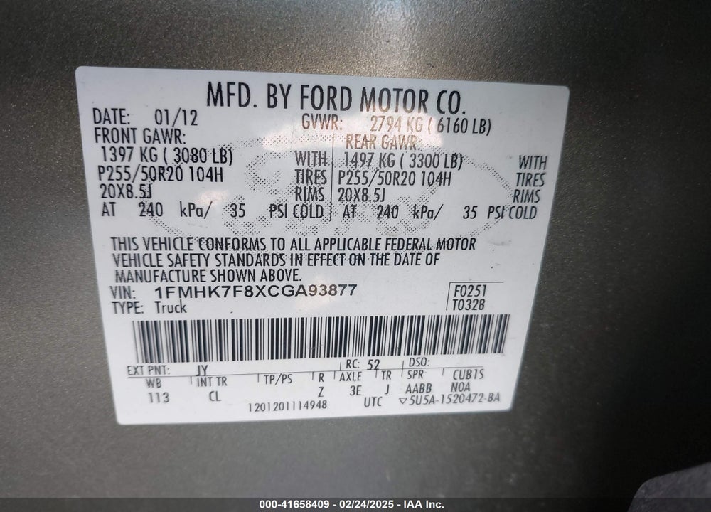 2012 FORD EXPLORER LIMITED VIN: 1FMHK7F8XCGA93877