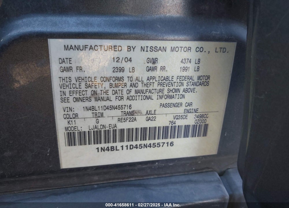 2005 NISSAN ALTIMA 3.5 SL VIN: 1N4BL11D45N455716