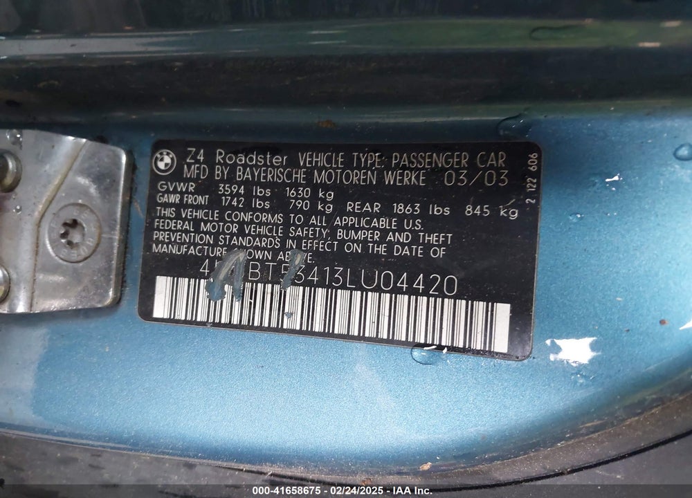 2003 BMW Z4 3.0I VIN: 4USBT53413LU04420