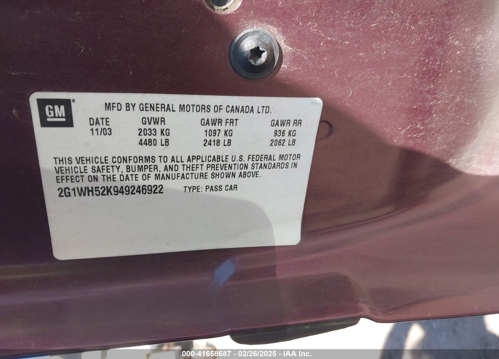 2004 CHEVROLET IMPALA LS VIN: 2G1WH52K949246922