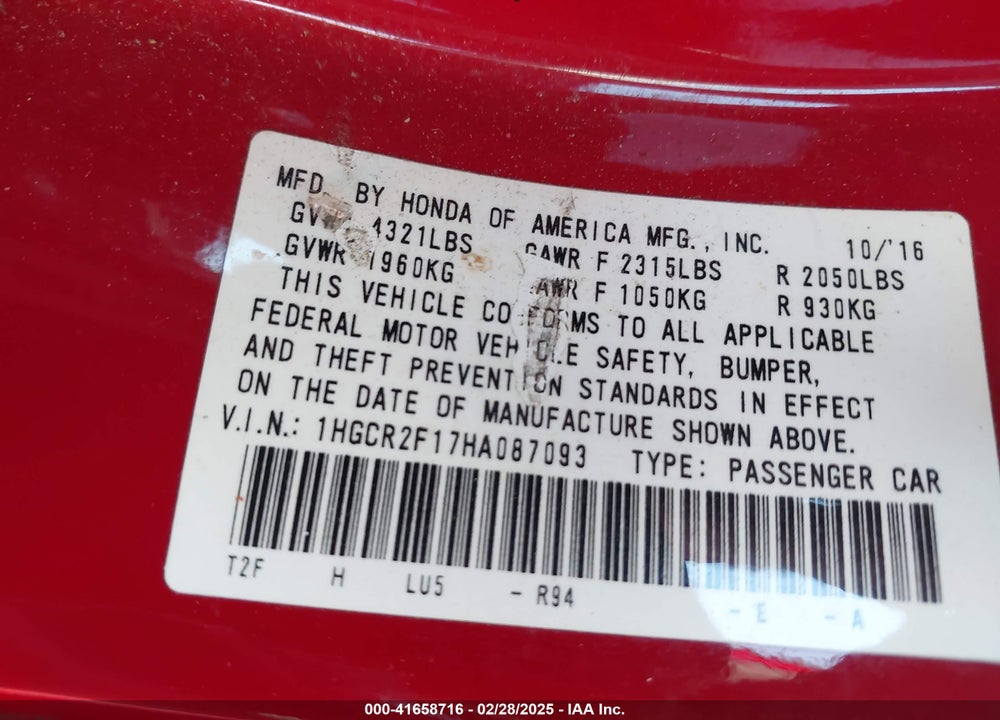 2017 HONDA ACCORD VIN: 1HGCR2F17HA087093