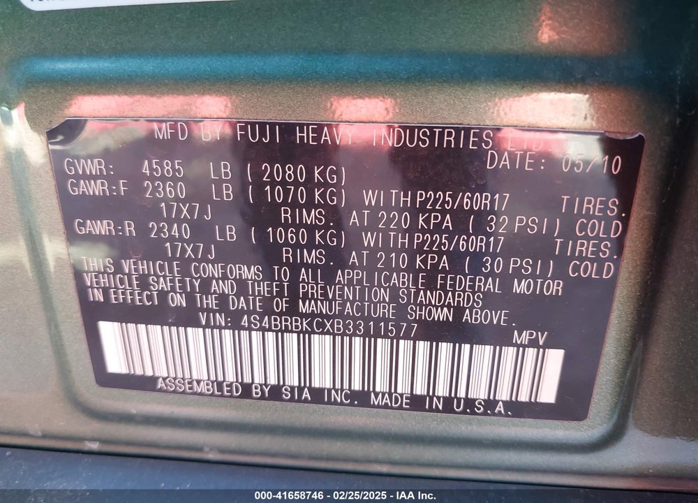 2011 SUBARU OUTBACK 2.5I LIMITED VIN: 4S4BRBKCXB3311577