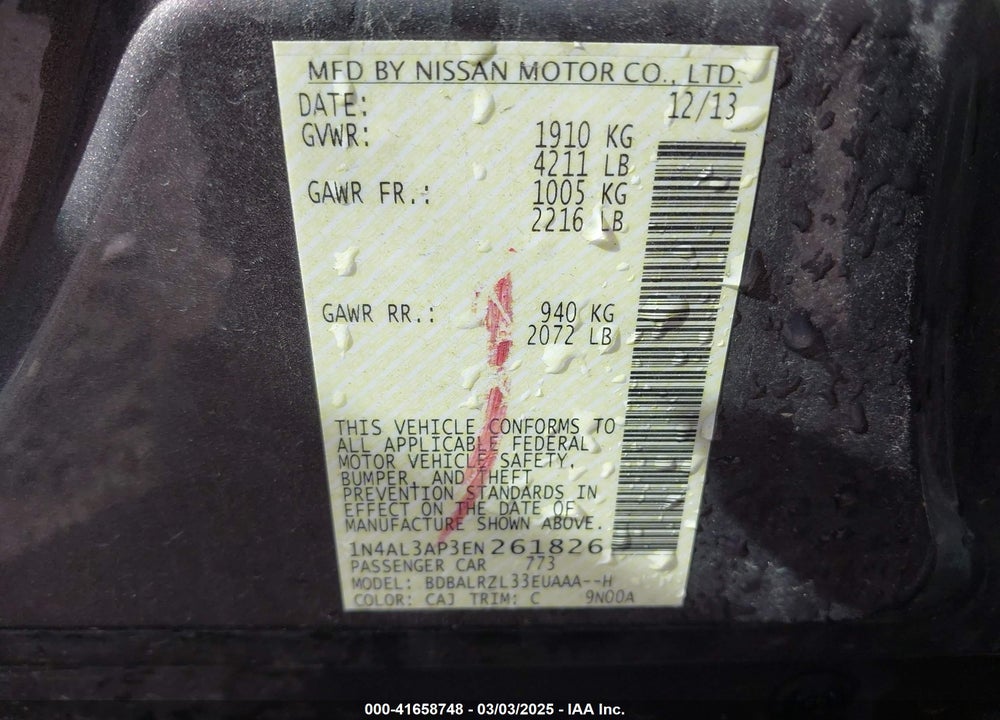 2014 NISSAN ALTIMA 2.5 S VIN: 1N4AL3AP3EN261826