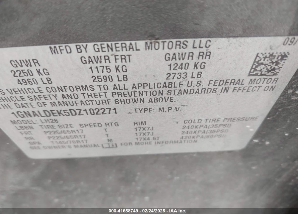 2013 CHEVROLET EQUINOX VIN: 1GNALDEK5DZ102271