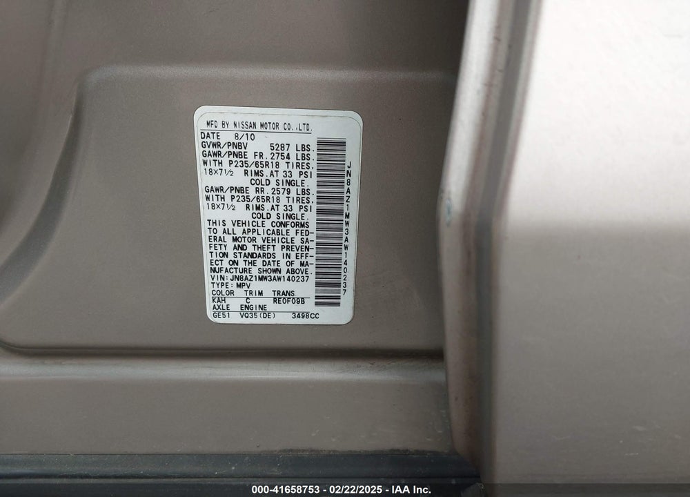 2010 NISSAN MURANO SL VIN: JN8AZ1MW3AW140237