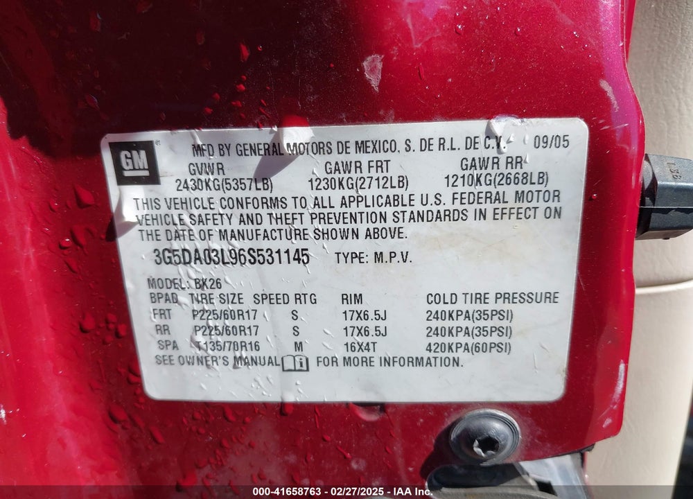 2006 BUICK RENDEZVOUS VIN: 3G5DA03L96S531145