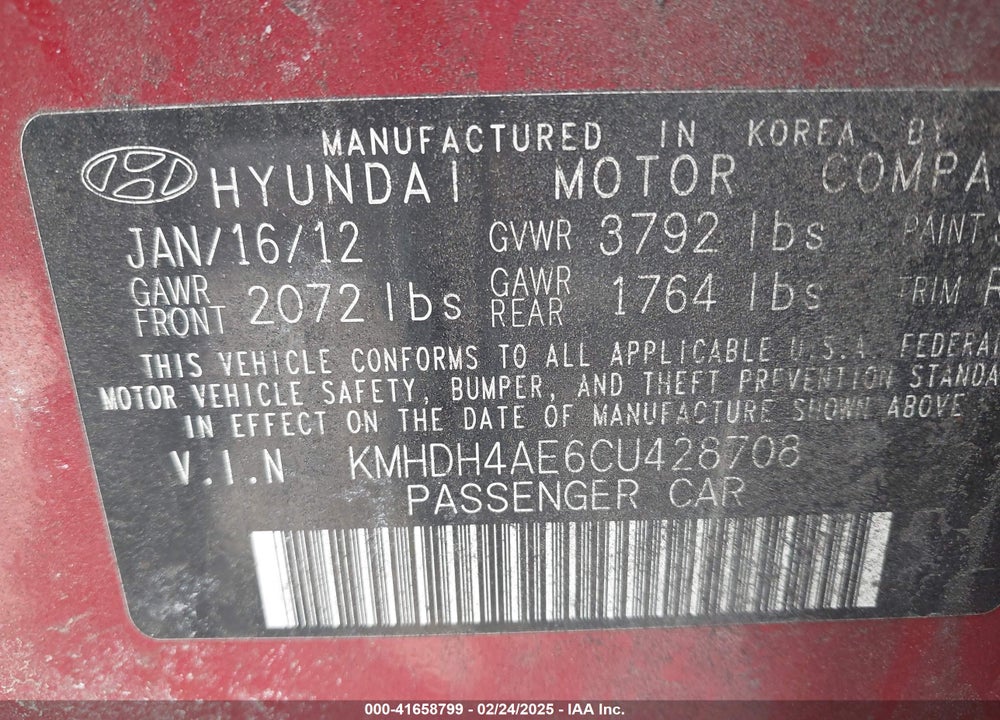 2012 HYUNDAI ELANTRA LIMITED (ULSAN PLANT) VIN: KMHDH4AE6CU428708