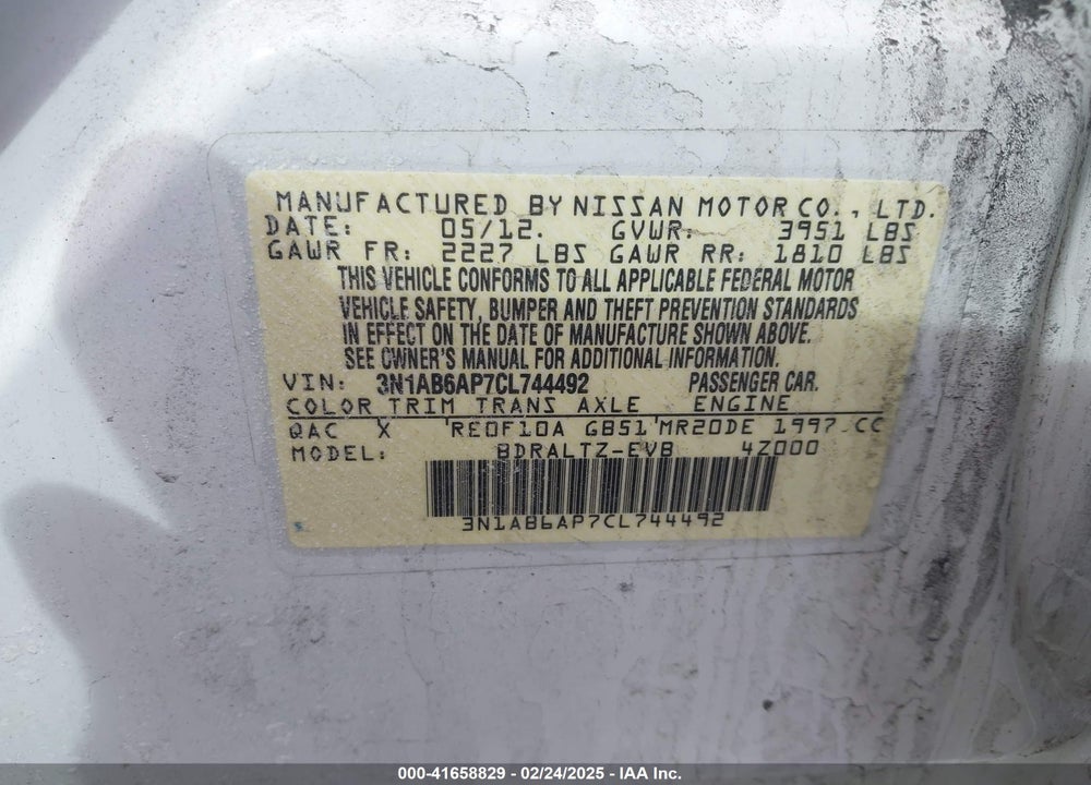 2012 NISSAN SENTRA VIN: 3N1AB6AP7CL744492