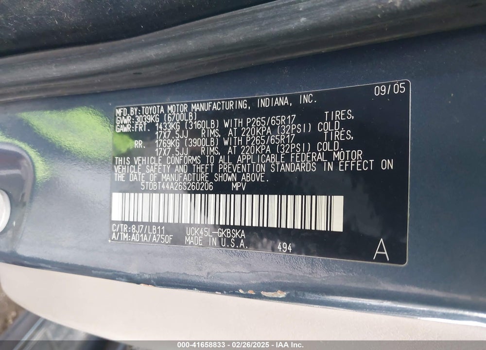 2006 TOYOTA SEQUOIA VIN: 5TDBT44A26S260206