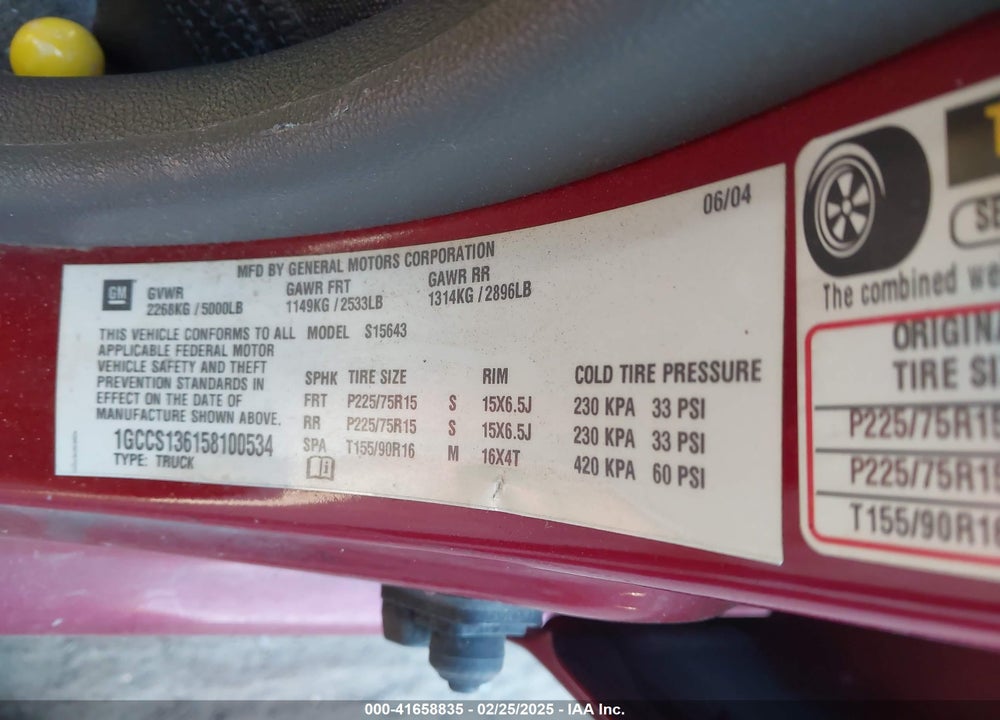 2005 CHEVROLET COLORADO LS VIN: 1GCCS136158100534