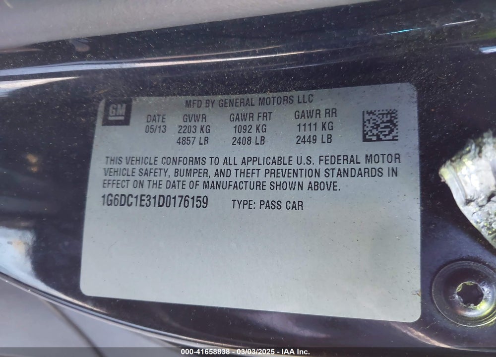 2013 CADILLAC CTS VIN: 1G6DC1E31D0176159
