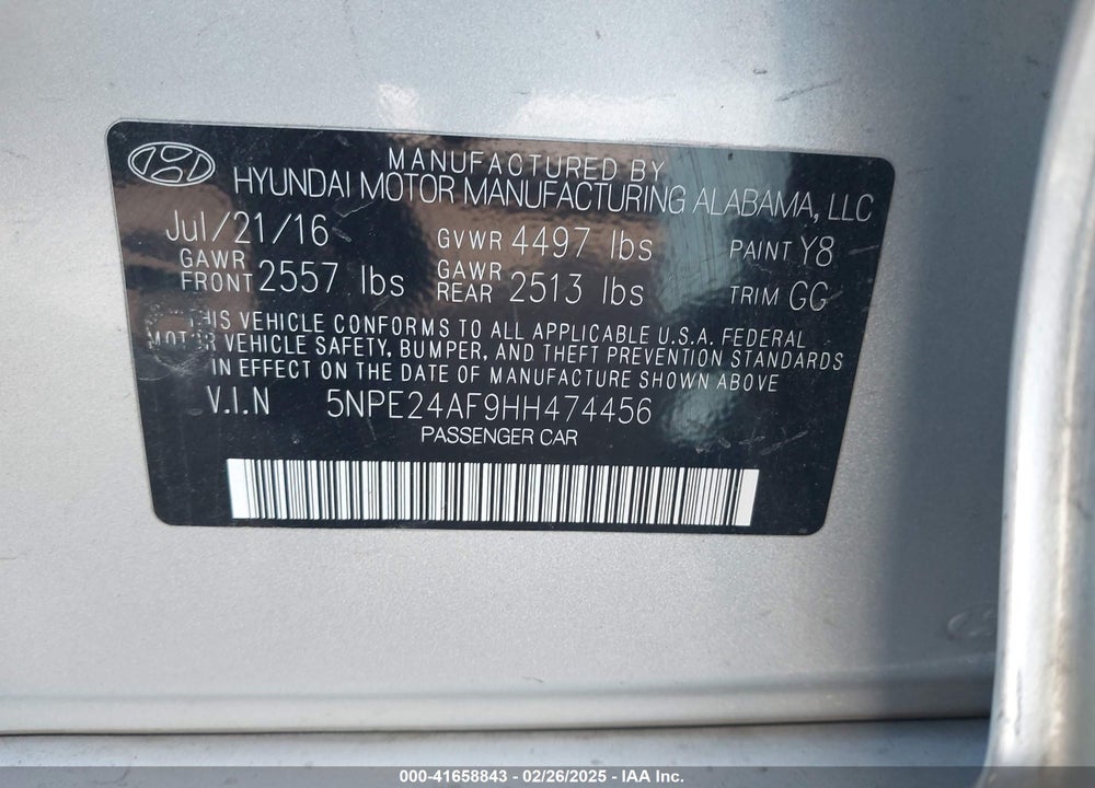 2017 HYUNDAI SONATA VIN: 5NPE24AF9HH474456