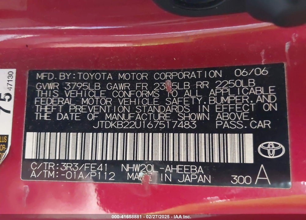 2006 TOYOTA PRIUS VIN: JTDKB22U167517483