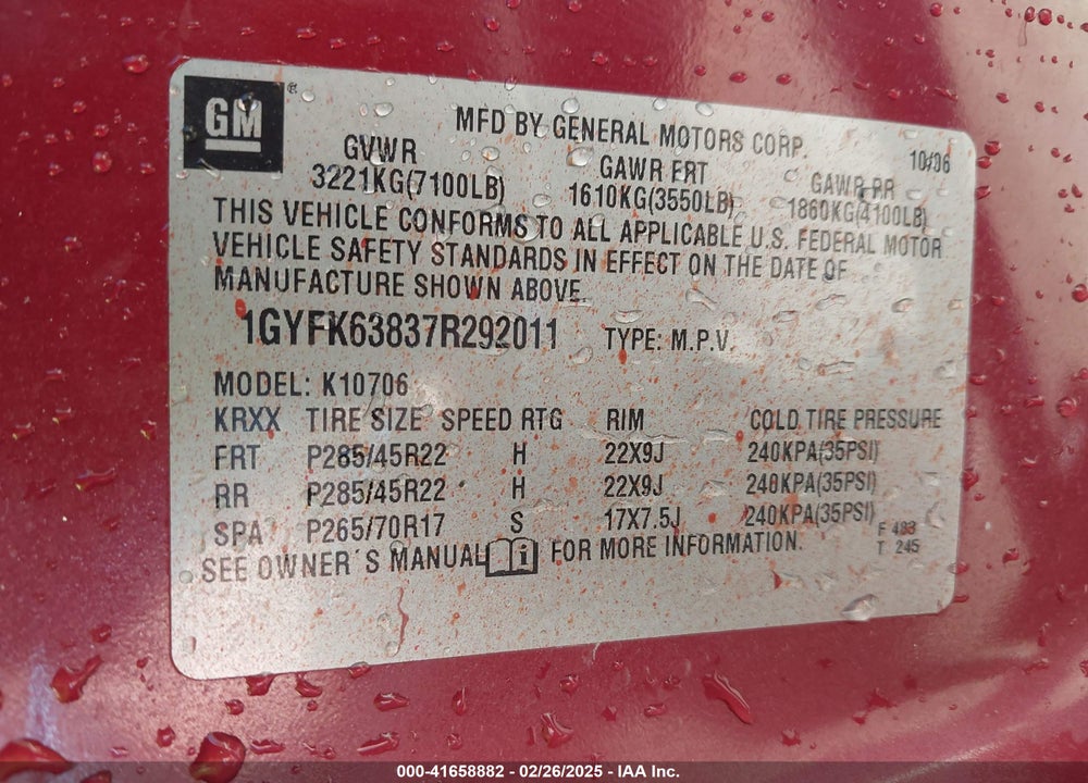 2007 CADILLAC ESCALADE VIN: 1GYFK63837R292011