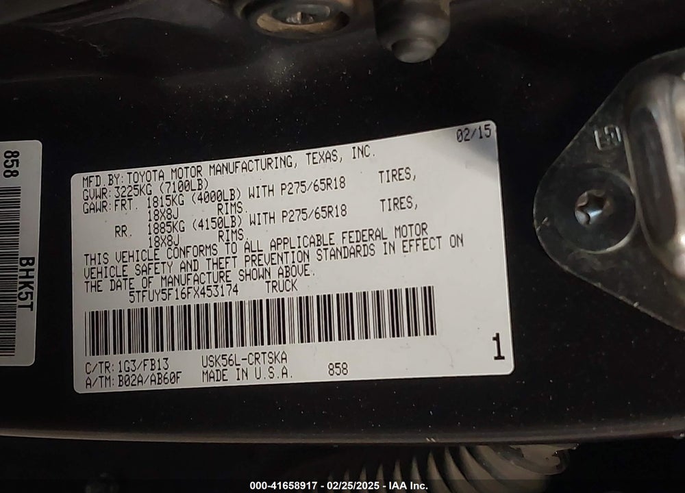 2015 TOYOTA TUNDRA VIN: 5TFUY5F16FX453174
