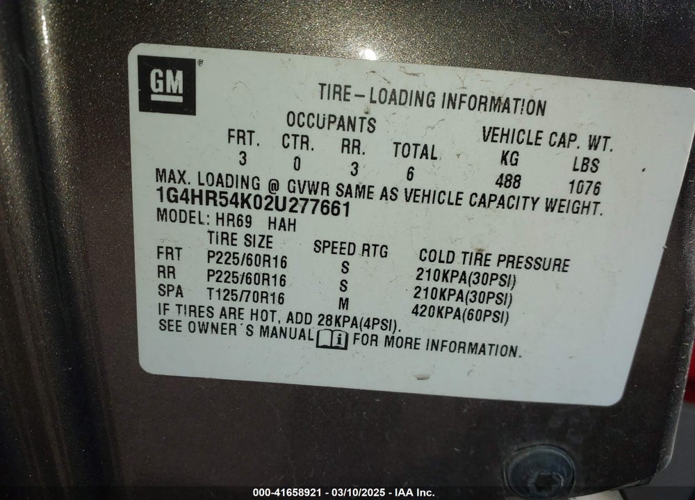 2002 BUICK LESABRE VIN: 1G4HR54K02U277661