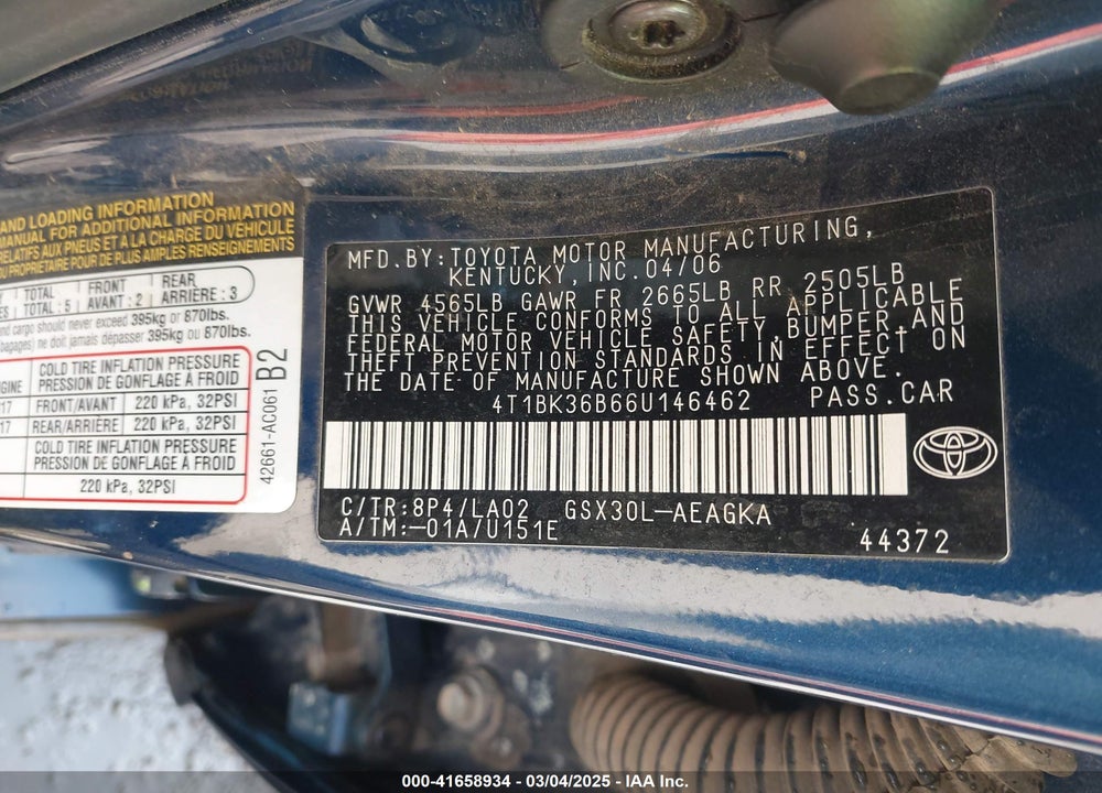 2006 TOYOTA AVALON VIN: 4T1BK36B66U146462