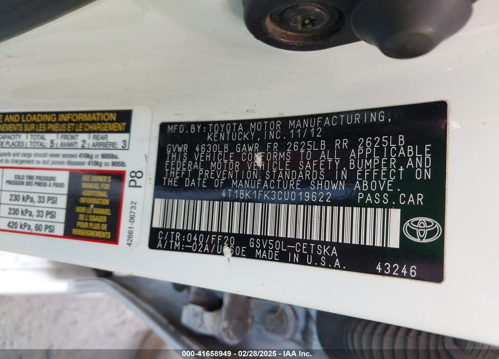 2012 TOYOTA CAMRY VIN: 4T1BK1FK3CU019622