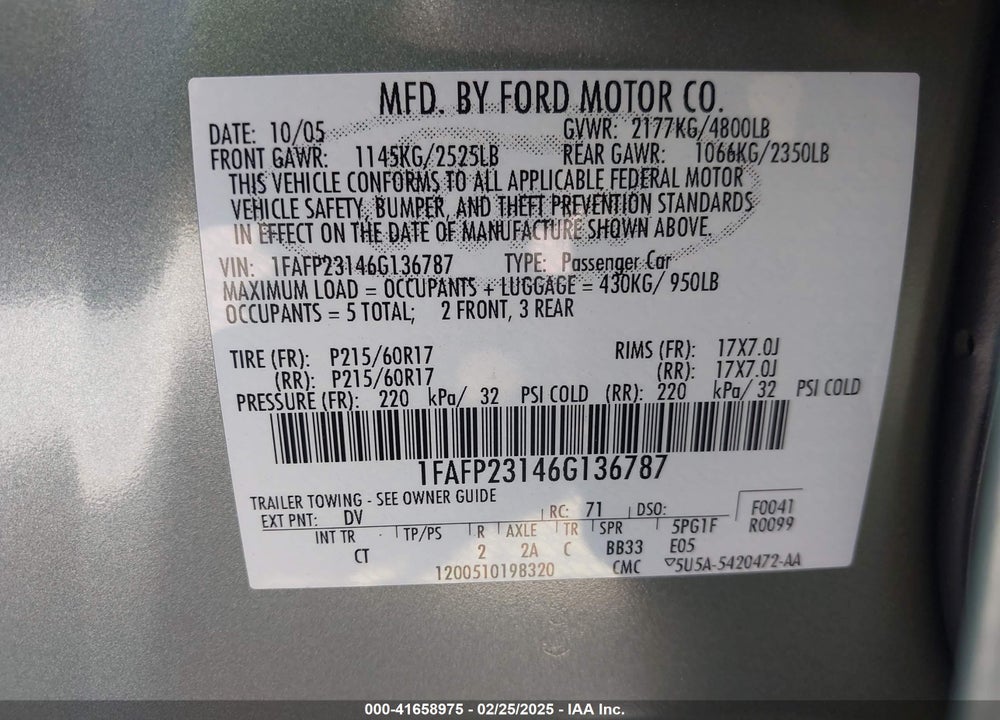 2006 FORD FIVE HUNDRED VIN: 1FAFP23146G136787