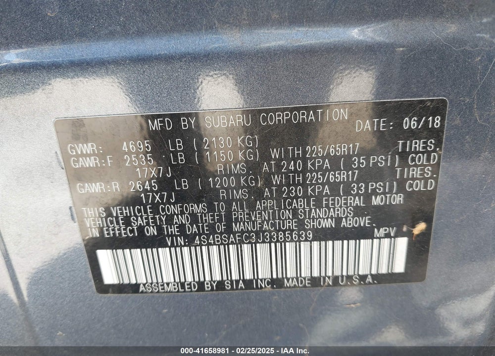 2018 SUBARU OUTBACK VIN: 4S4BSAFC3J3385639