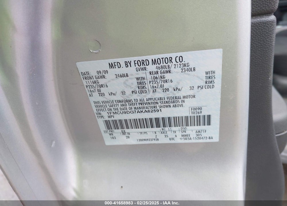 2010 FORD ESCAPE VIN: 1FMCU9DG7AKA62591