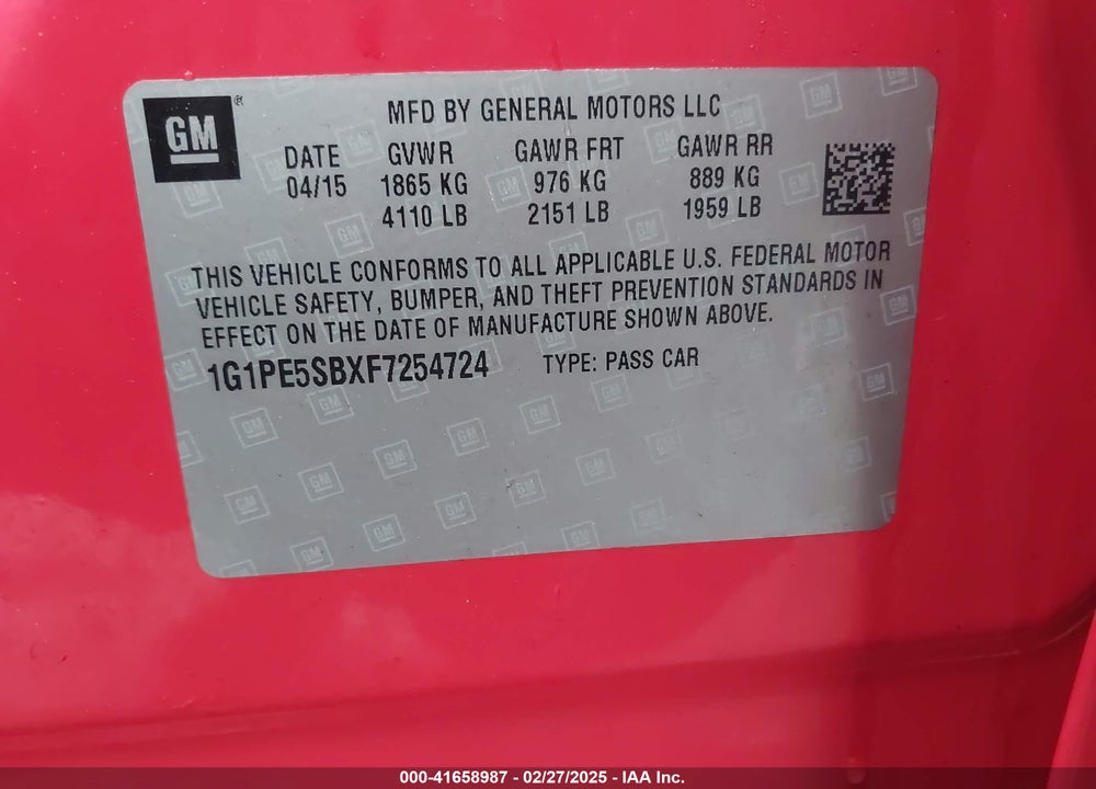 2015 CHEVROLET CRUZE 2LT AUTO VIN: 1G1PE5SBXF7254724