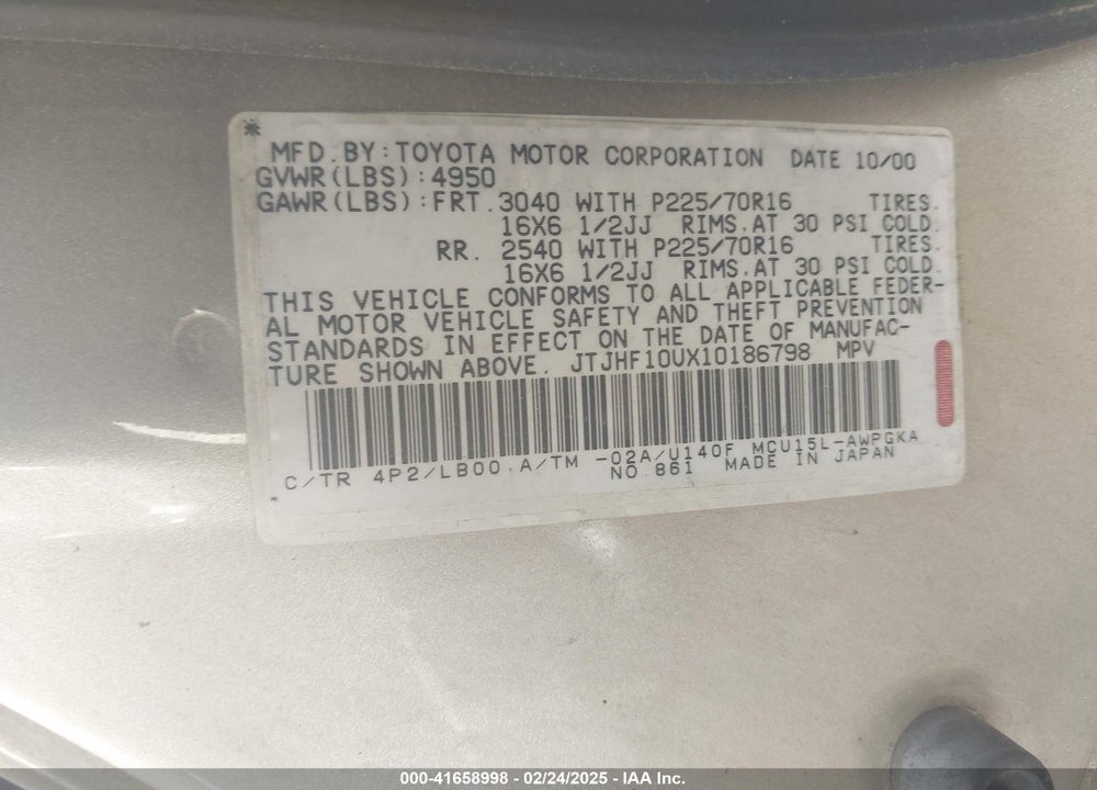 2001 LEXUS RX 300 VIN: JTJHF10UX10186798