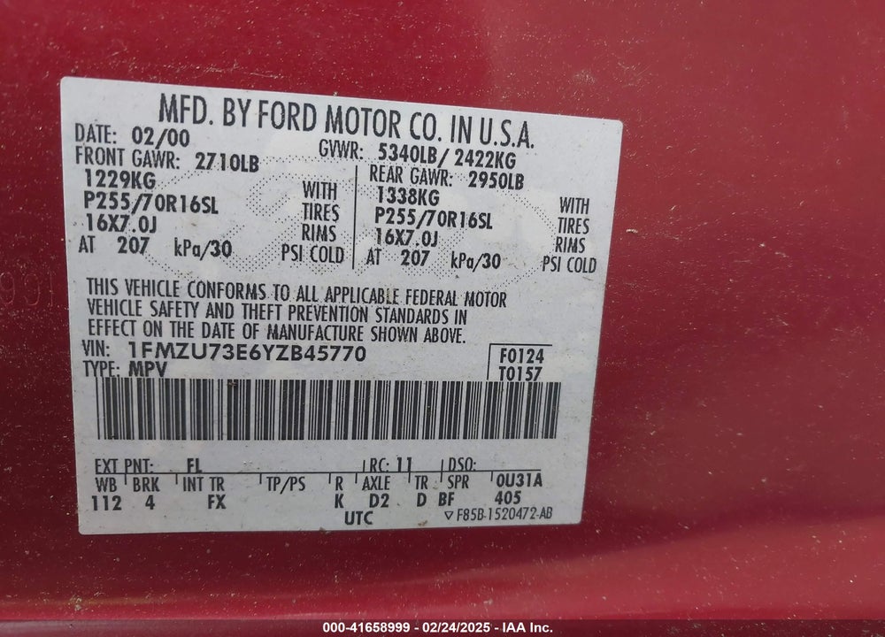 2000 FORD EXPLORER XLT VIN: 1FMZU73E6YZB45770