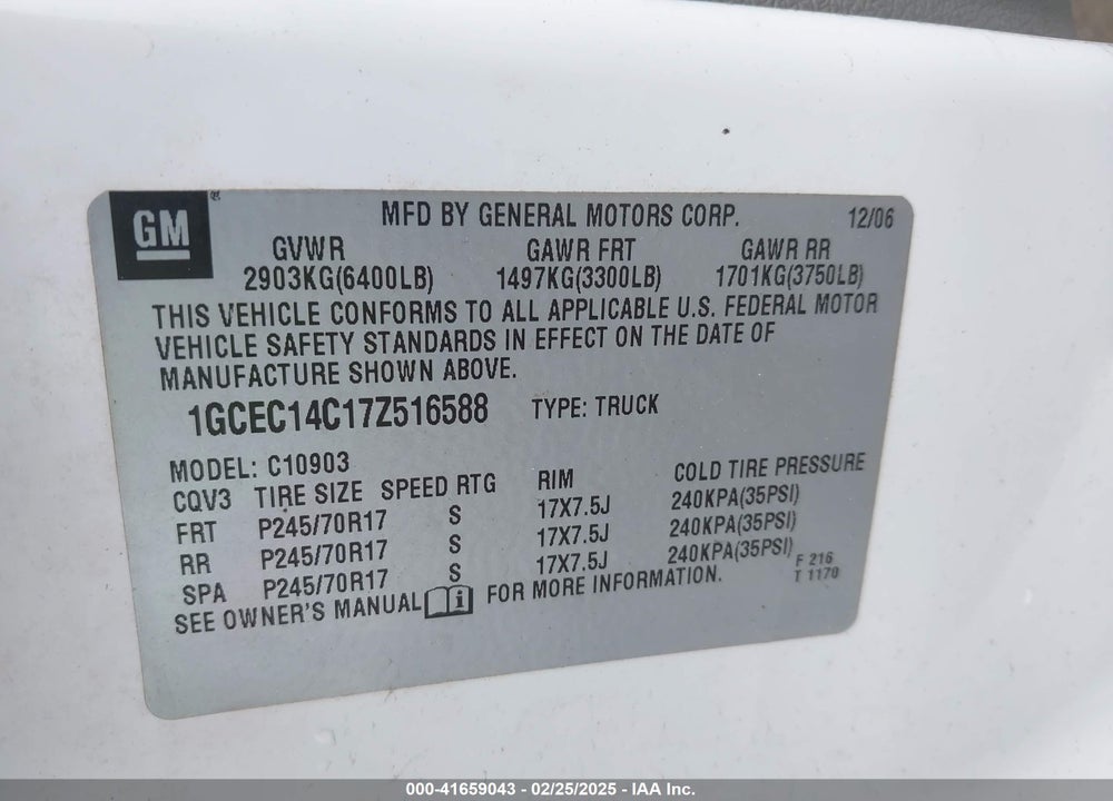 2007 CHEVROLET SILVERADO 1500 WORK TRUCK VIN: 1GCEC14C17Z516588