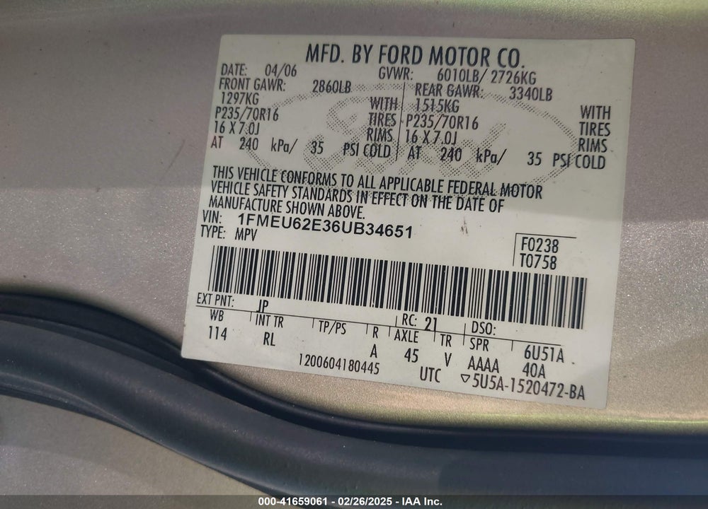 2006 FORD EXPLORER XLS VIN: 1FMEU62E36UB34651