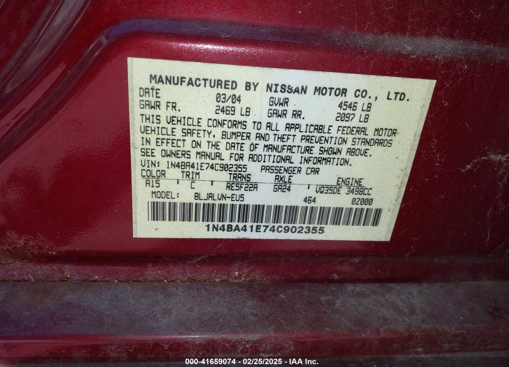 2004 NISSAN MAXIMA 3.5 SL VIN: 1N4BA41E74C902355