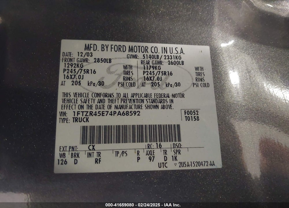 2004 FORD RANGER EDGE/TREMOR/XLT VIN: 1FTZR45E74PA68592