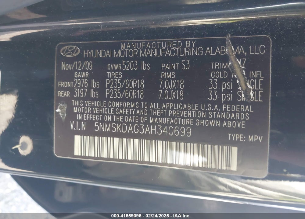 2010 HYUNDAI SANTA FE LIMITED V6 VIN: 5NMSKDAG3AH340699