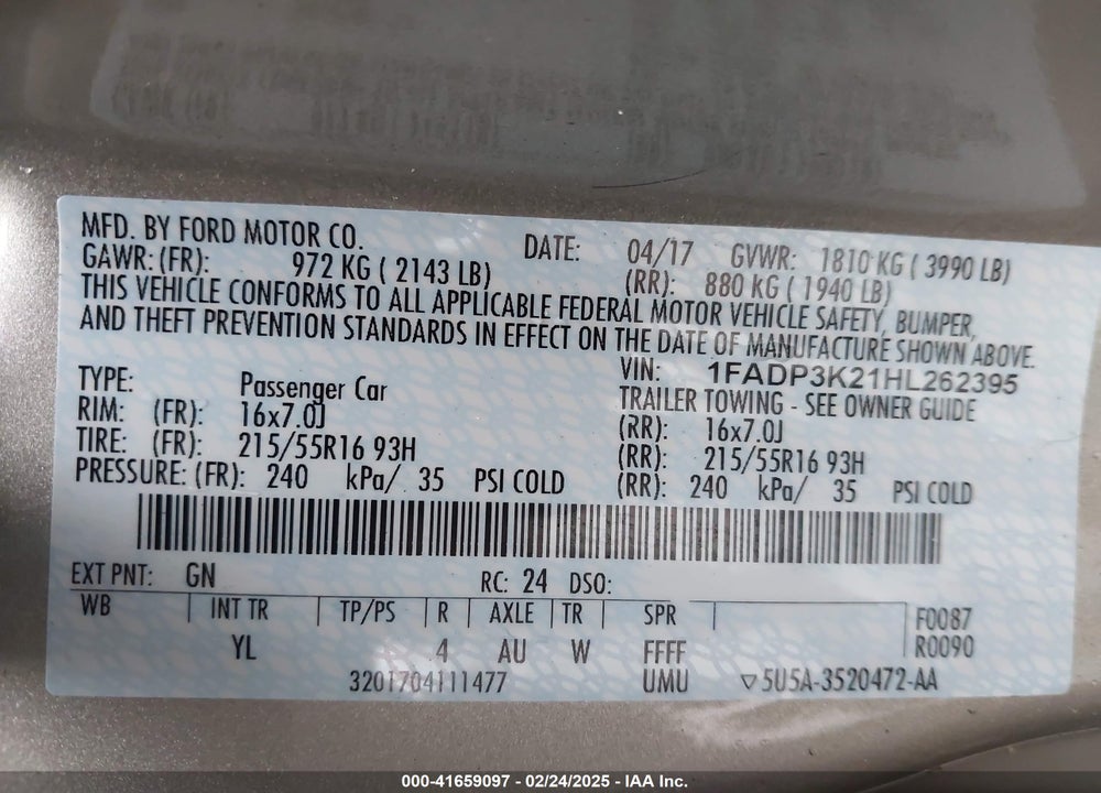 2017 FORD FOCUS SE VIN: 1FADP3K21HL262395