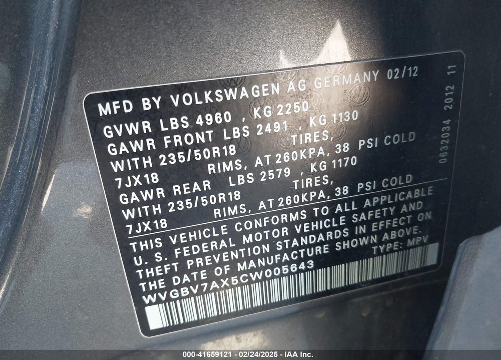 2012 VOLKSWAGEN TIGUAN SE VIN: WVGBV7AX5CW005643