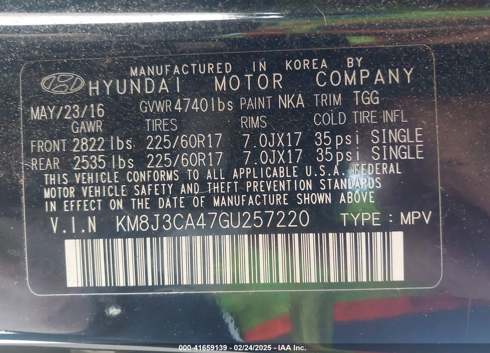2016 HYUNDAI TUCSON VIN: KM8J3CA47GU257220