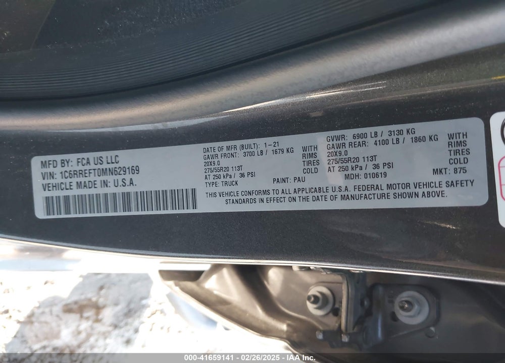 2021 RAM 1500 VIN: 1C6RREFT0MN629169