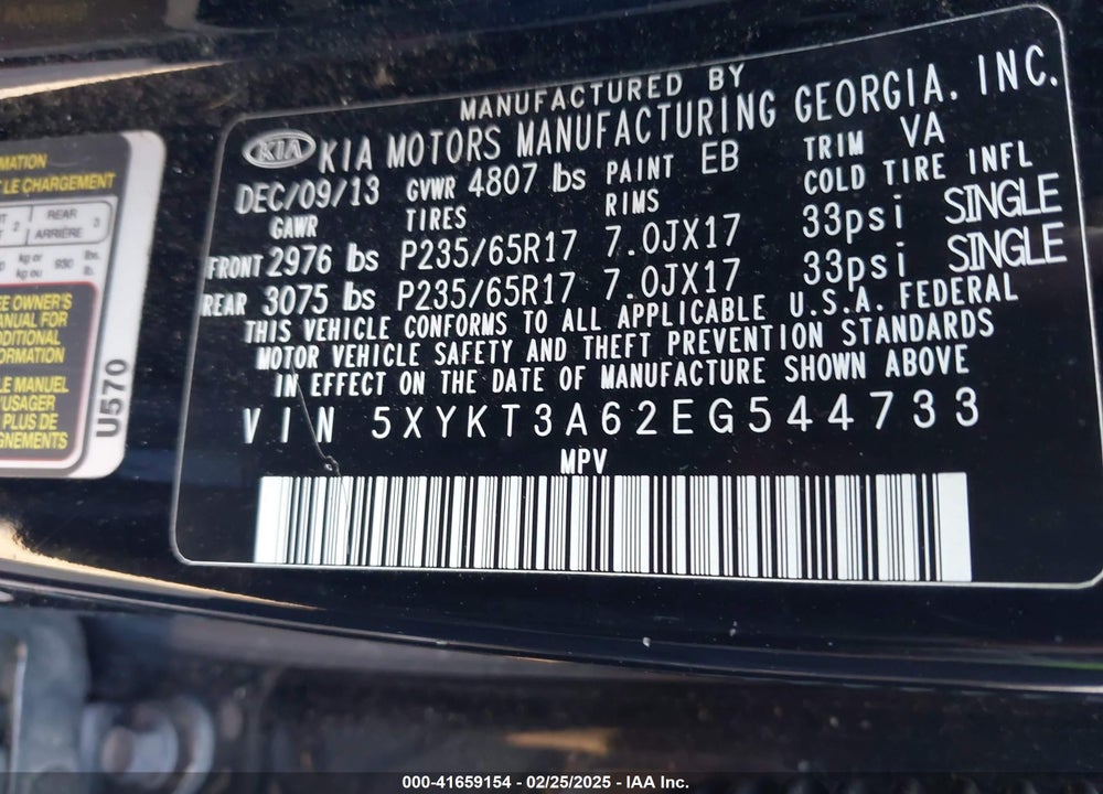 2014 KIA SORENTO VIN: 5XYKT3A62EG544733