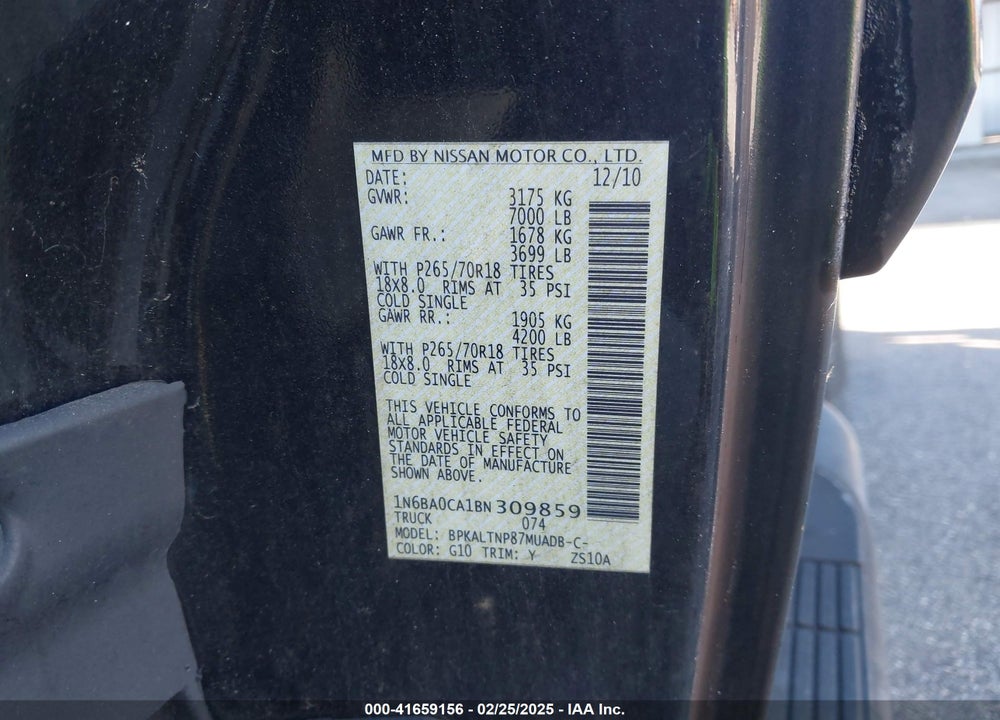 2011 NISSAN TITAN VIN: 1N6BA0CA1BN309859