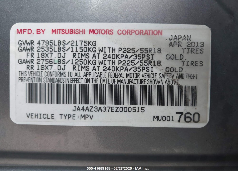 2014 MITSUBISHI OUTLANDER VIN: JA4AZ3A37EZ000515