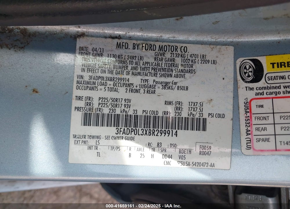 2011 FORD FUSION HYBRID VIN: 3FADP0L3XBR299914