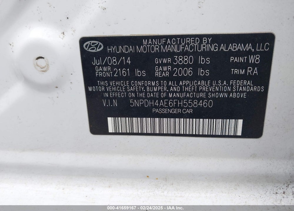 2015 HYUNDAI ELANTRA VIN: 5NPDH4AE6FH558460