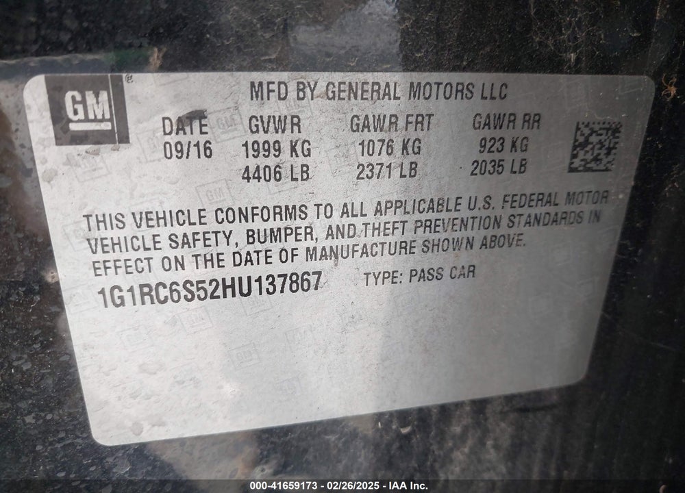2017 CHEVROLET VOLT VIN: 1G1RC6S52HU137867